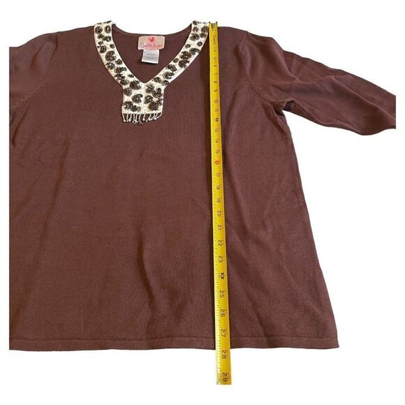 Quacker Factory Embellished Top Womens Large Brown Tunic V Neck Beaded Tassel - Picture 5 of 6